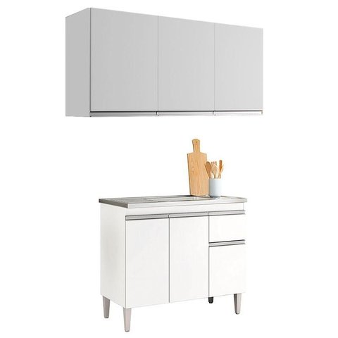 Balcão de Pia Tatiane 100cm e Armário Aéreo Andréia 3 Portas Branco Brilho - Ajl