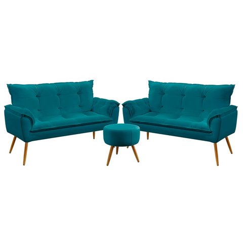 Kit 2 Poltronas Namoradeira Beta com Puff Solar Suede Azul Turquesa Aradecor