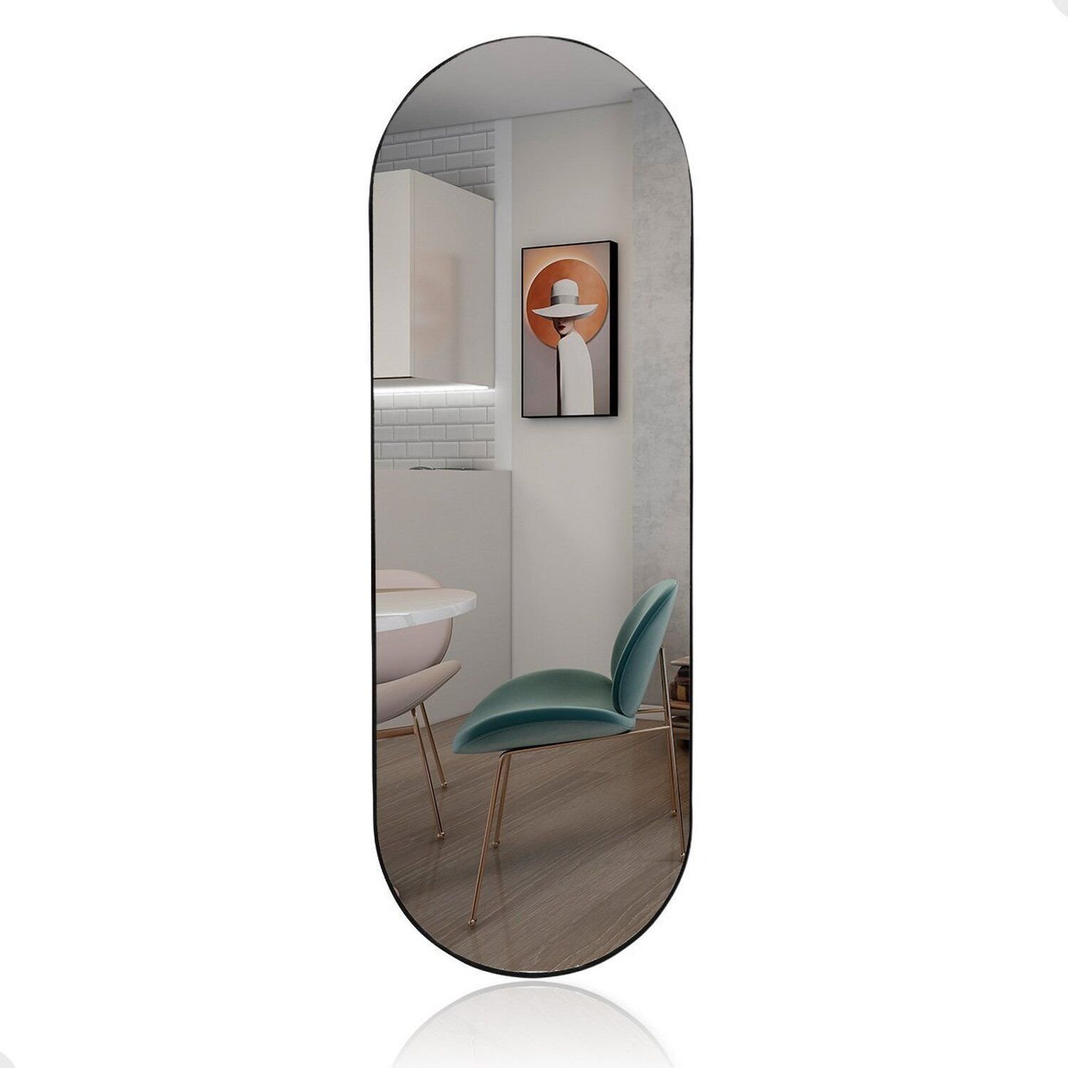 Espelho Pílula 150x50cm Suporte de Parede Couro Orgânico Corpo Inteiro