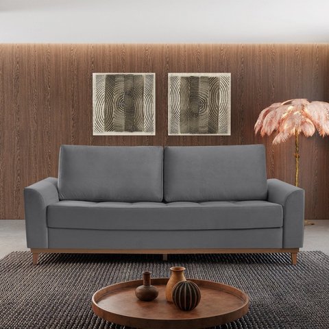 Sofá Cama 3 Lugares 2,24m Retrátil Veludo Alegra Pés de Madeira