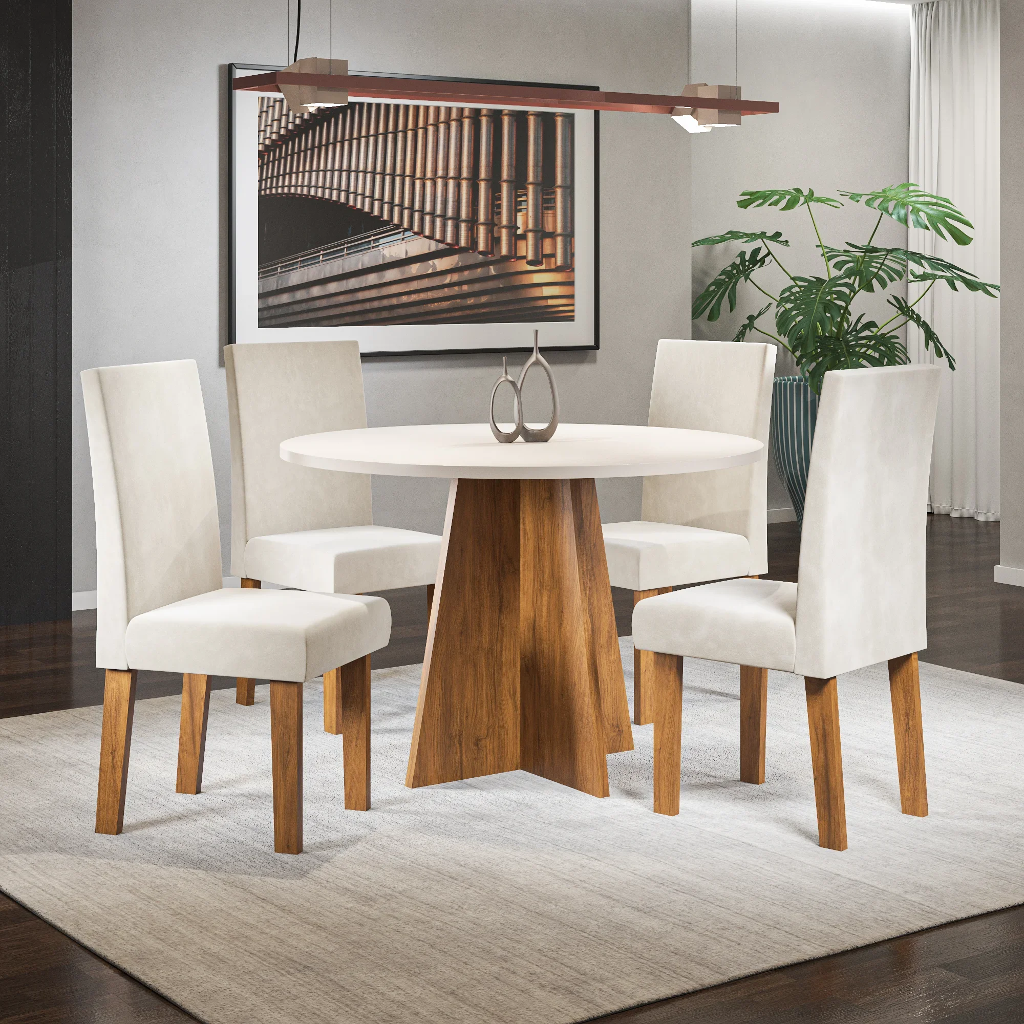 Conjunto mesa de jantar redonda 110cm com 4 cadeiras encosto