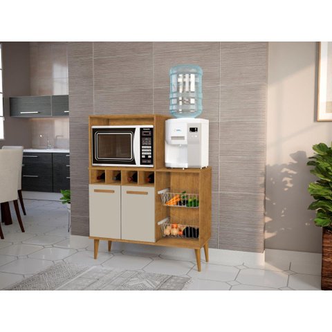 Balcão Fruteira Nu Estilo Retrô com Adega Cor Ipê / Off White