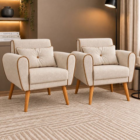 Kit 2 Poltronas Decorativa Linho Premium Base Madeira Maciça Aurea