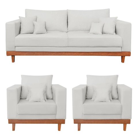 Kit 2 Poltronas Living + Sofá 2 Lugares Base Madeira Linho Cor:bege