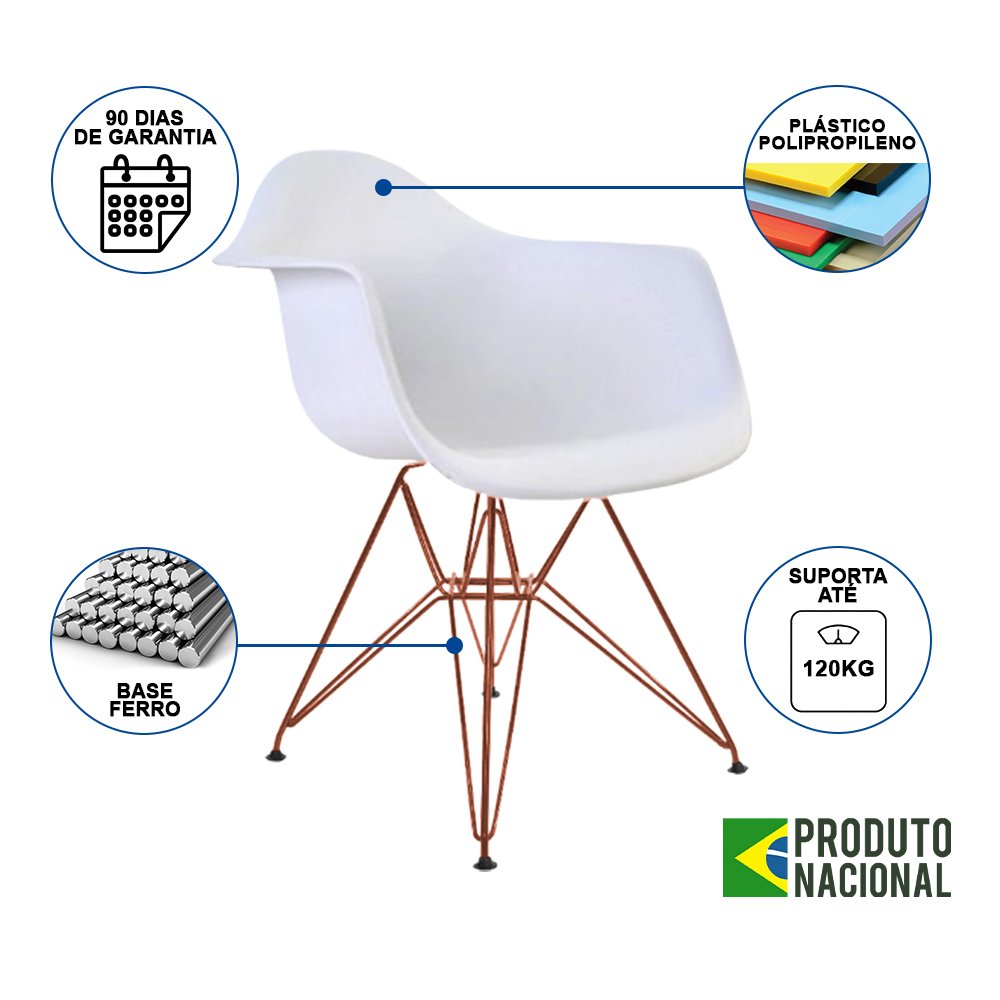 Mesa Industrial Jantar Branca 137x90cm Base Cobre V com 6 Poltronas Eames Eiffel Brancas Base Cobre - 4