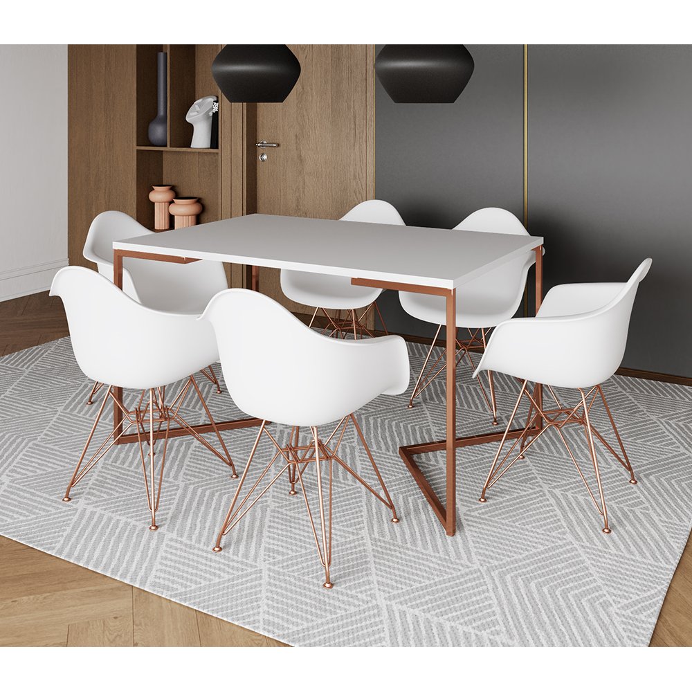 Mesa Industrial Jantar Branca 137x90cm Base Cobre V com 6 Poltronas Eames Eiffel Brancas Base Cobre - 1