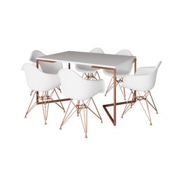 Mesa Industrial Jantar Branca 137x90cm Base Cobre V com 6 Poltronas Eames Eiffel Brancas Base Cobre - 2 Mesa Industrial Jantar Branca 137x90cm Base Cobre V com 6 Poltronas Eames Eiffel Brancas Base Cobre - 2