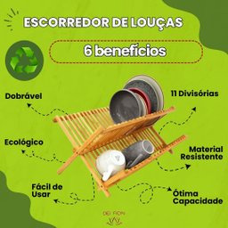 Escorredor Pratos Louça Pia Bambu Natural Dobravel Madeira Resistente Sustentavel Cozinha Divisorias - 3