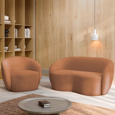 Conjunto 1 Sofá Living 160cm e 1 Poltrona Decorativa Sala de Estar Íbis Encosto Fixo Bouclê Terracot