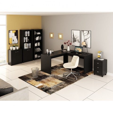 Conjunto 5 Peças com Mesa em L, Armário Alto, Gaveteiro, Estante e Baixo Espresso Móveis
