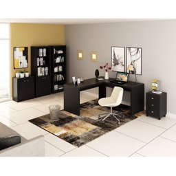 Kit 5 Peças com Mesa em L, Armário Alto, Gaveteiro, Estante e Armário Baixo Espresso Móveis - 1
