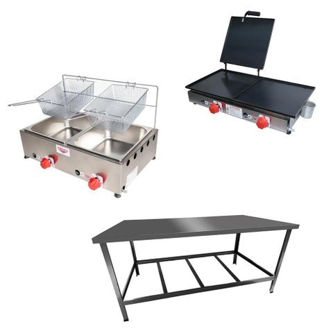 Kit Lanchonete Mesa de Manipulação 120x55cm + Fritadeira a Gás 2 Cuba + Chapa a Gás 60cm