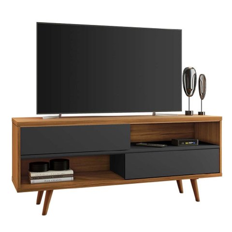 Rack Bancada Home para TV até 50" Portas Deslizantes Pés Palito Sala de Estar Marrom Madeira e