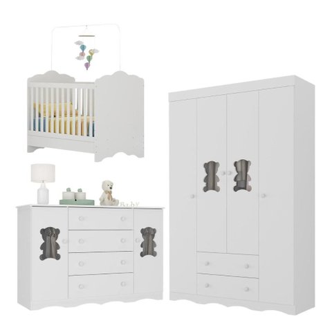 Quarto Bebê Completo Berço 3 em 1/Guarda-Roupa 4 Portas/Cômoda 4 Gavetas Vicente Multimóveis