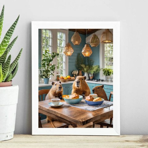Quadro para Cozinha - Família Capivaras 33x24cm - com Vidro:madeira Branca