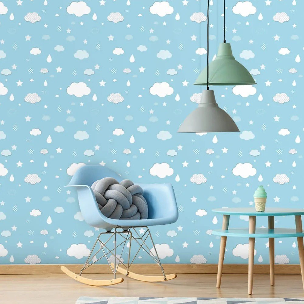 Papel de Parede Infantil - Nuvens, Gotas e Estrelas Arte Destaque 3 Metros - 2