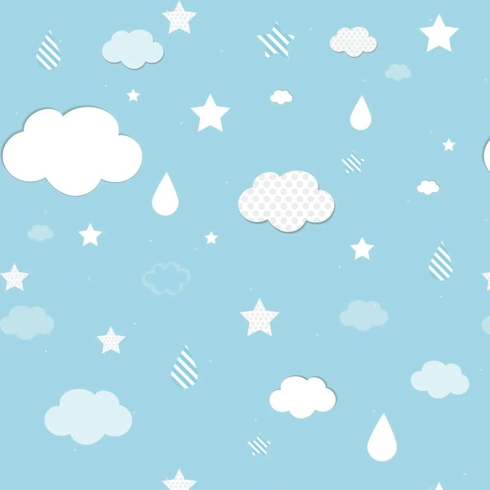 Papel de Parede Infantil - Nuvens, Gotas e Estrelas Arte Destaque 3 Metros - 3