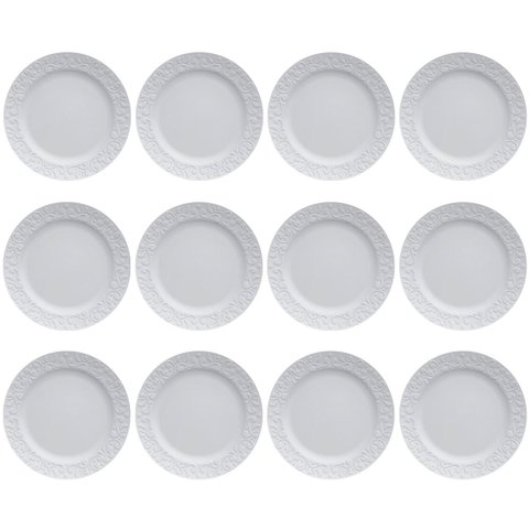 Jogo 12 Pratos Rasos Redondos 26,5cm em Porcelana com Relevo Tassel Germer Branco