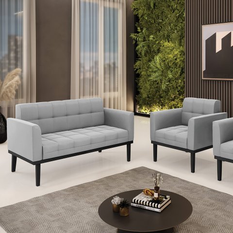 Conjunto Poltrona e Namoradeira Decorativa Karen Pés Fixo em Madeira Preto Suede Cinza G19 - Gran Be