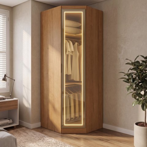 Guarda-Roupa Modulado de Canto Oblíquo 1 Porta Reflecta com LED 100% MDF Cairo Marrom/Cinamomo
