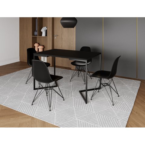 Mesa Industrial Base Ferro Preto em  V  Tampo 137x90 Preto 4 Cadeiras Eames Assento Preto Ferro Pret