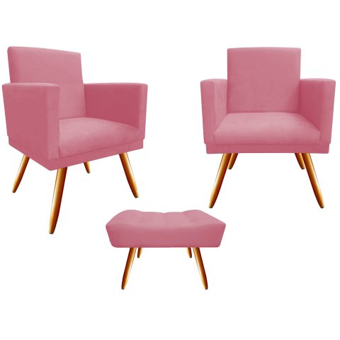 Kit 2 Poltronas Decorativa Bia + Puff Retangular Suede Rosa Pés Madeira Ms Decor