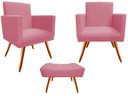 Ver imagem 1 de Kit 2 Poltronas Decorativa Bia + Puff Retangular Suede Rosa Pés Madeira Ms Decor