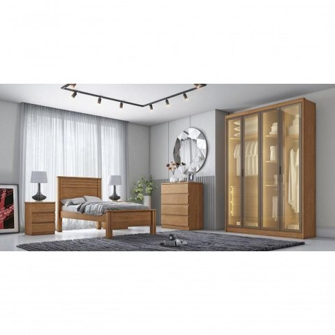 Guarda Roupa Casal Moderni Glass Reflecta 4 Portas de Bater 3 Gavetas MDP Cumaru Móveis Novo