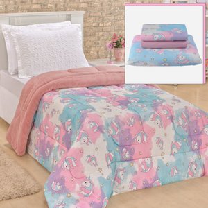 Coordenado Coberdrom Edredom e Lençol Solteiro 4 Peças Unicórnio - Rosa Top Chick