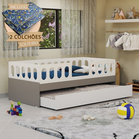 Cama Infantil Lara Solteiro com Cama Auxiliar e 2 Colchões Branco e Cinza