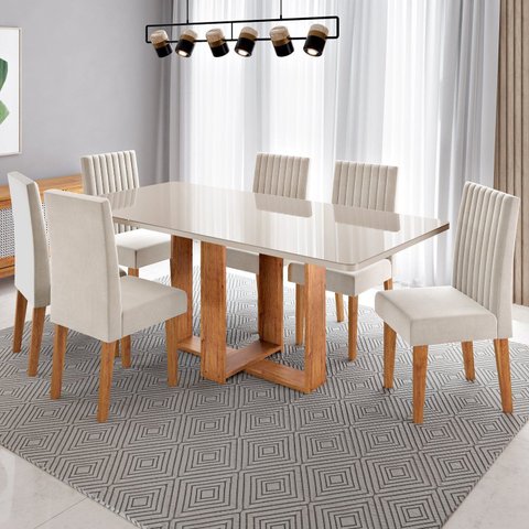 Conjunto Sala de Jantar 6 Lugares Retangular Tampo Vidro e MDF Victoria Bege/Mel/Off White