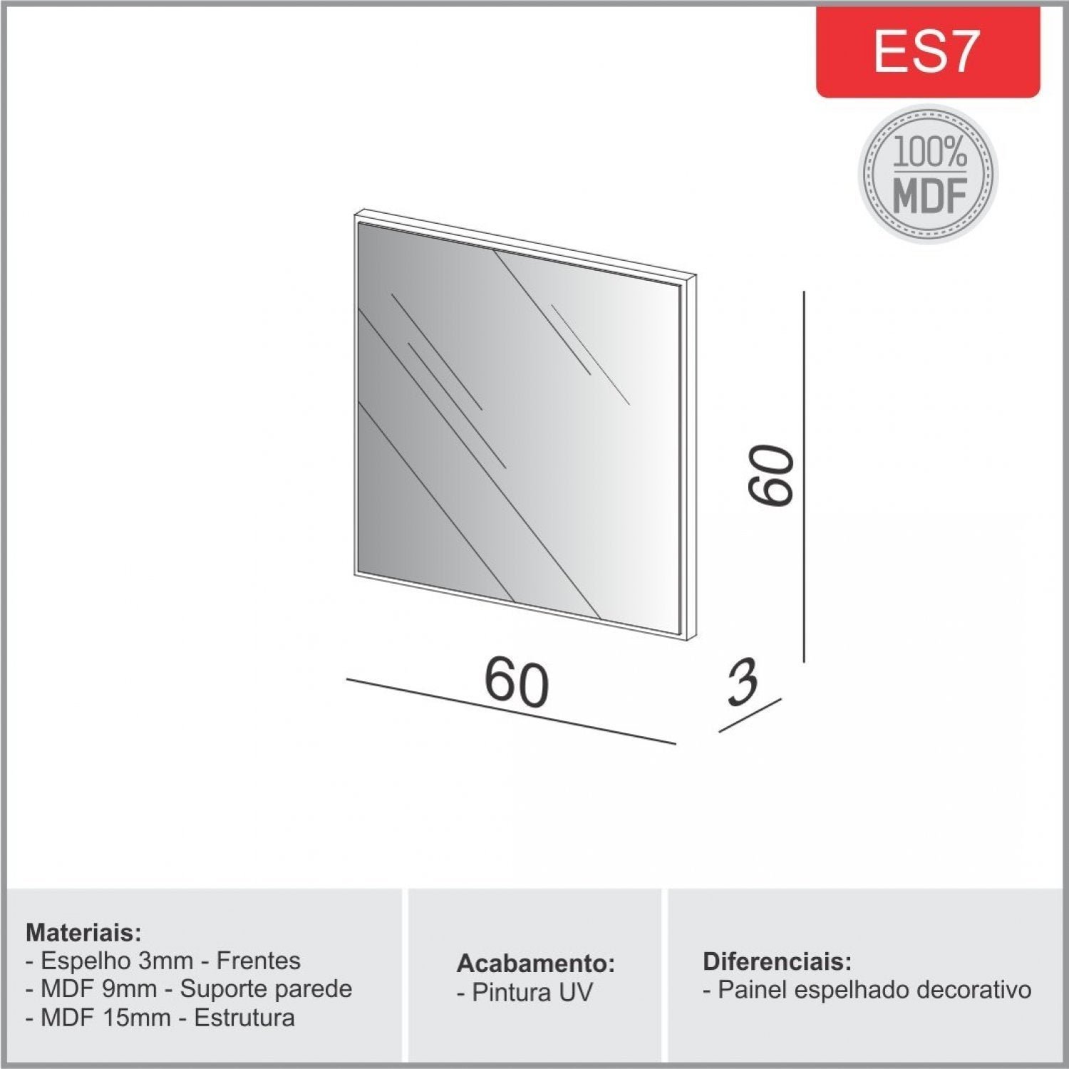 Painel Decorativo Espelhado Quadrado 60cm Dalla Costa - 2