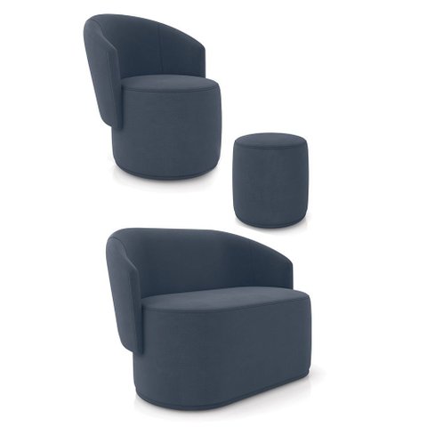 Sofá Namoradeira com Poltrona e Puff Orgânico Sala Malu Suede Azul Marinho M11 - D’Rossi
