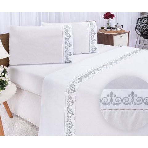 Jogo lençol Atenas quarto casal Queen bordado 4 peças 2fronha:Branco com Cinza