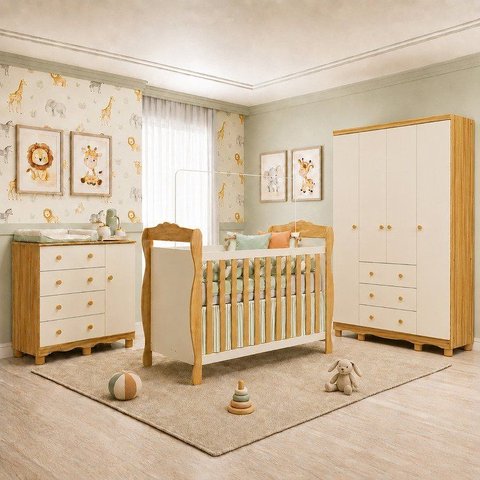 Quarto de Bebê Berço 3 em 1, Guarda-Roupa e Cômoda MDF Nina Espresso Móveis Bege/Amêndoa/Off White
