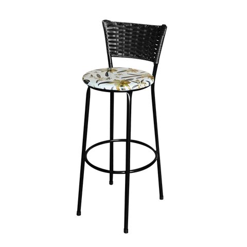 Banqueta Alta Para Cozinha Ratan Preta Estofado Floral  Floral 