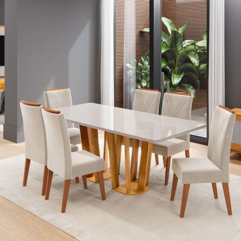 Mesa de Jantar 6 Lugares Mondini com Vidro Mel/off White/pastel - Viero Móveis