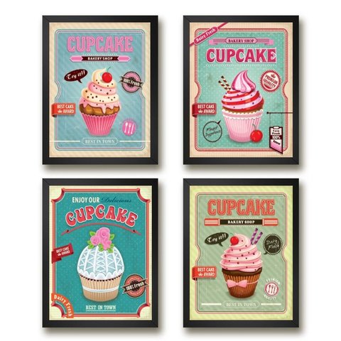Kit 4 Quadros para Cozinha - Cupcakes 24x18cm - com Vidro:moldura Preta