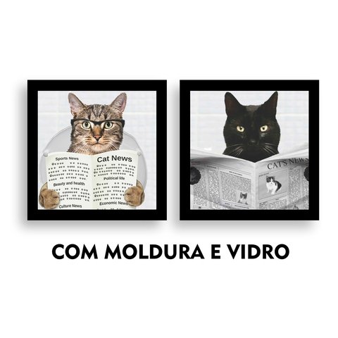 Kit 2 Quadros Decorativos Banheiro Toalete Lavabo Gato Jornal: Preto