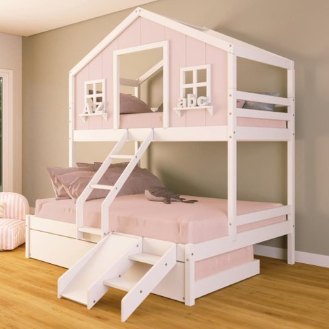 Treliche Casal/ Solteiro Casinha Dos Sonhos com Escada/ Escorregador Madeira Maciça Rosa/ Branco