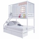 Ver imagem 2 de Beliche Casinha Reta Casal/ Solteiro com 02 Gavetas e Cortina Madeira Maciça Branco/ Rosa Housin