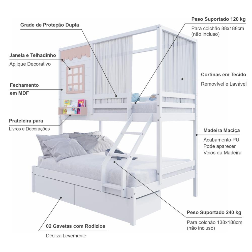 Beliche Casinha Reta Casal/ Solteiro com 02 Gavetas e Cortina Madeira Maciça Branco/ Rosa Housin - 3