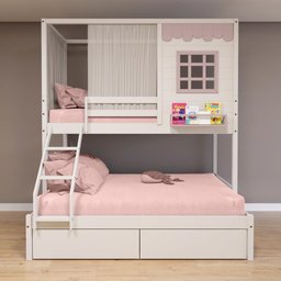 Beliche Casinha Reta Casal/ Solteiro com 02 Gavetas e Cortina Madeira Maciça Branco/ Rosa Housin - 1