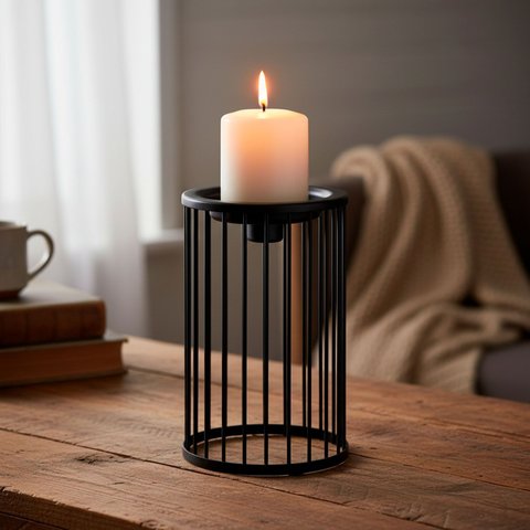 Castiçal Decorativo de Metal Preto 18x11x11cm Porta Vela Mesa Jantar Decoração