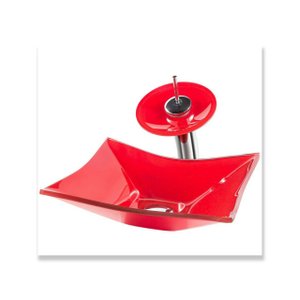 Cuba de Vidro 39cm + Torneira Cascata + Valvula-Kit Vermelho