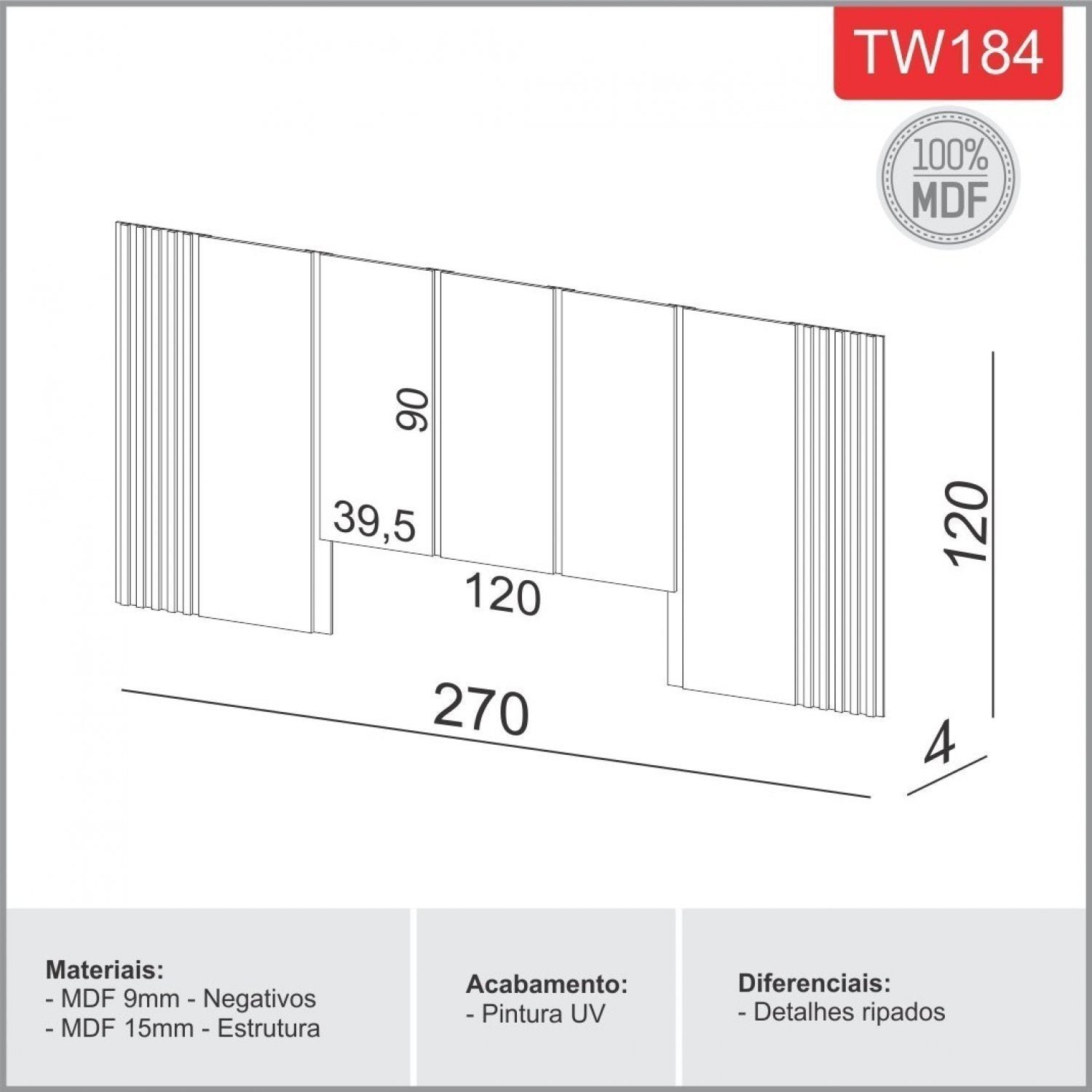 Cabeceira Casal 270x120cm em MDF  - 3