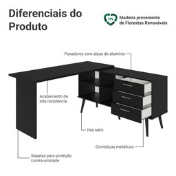 Mesa de Escritório em L 3 Gavetas Preto Lisboa Madesa - 6