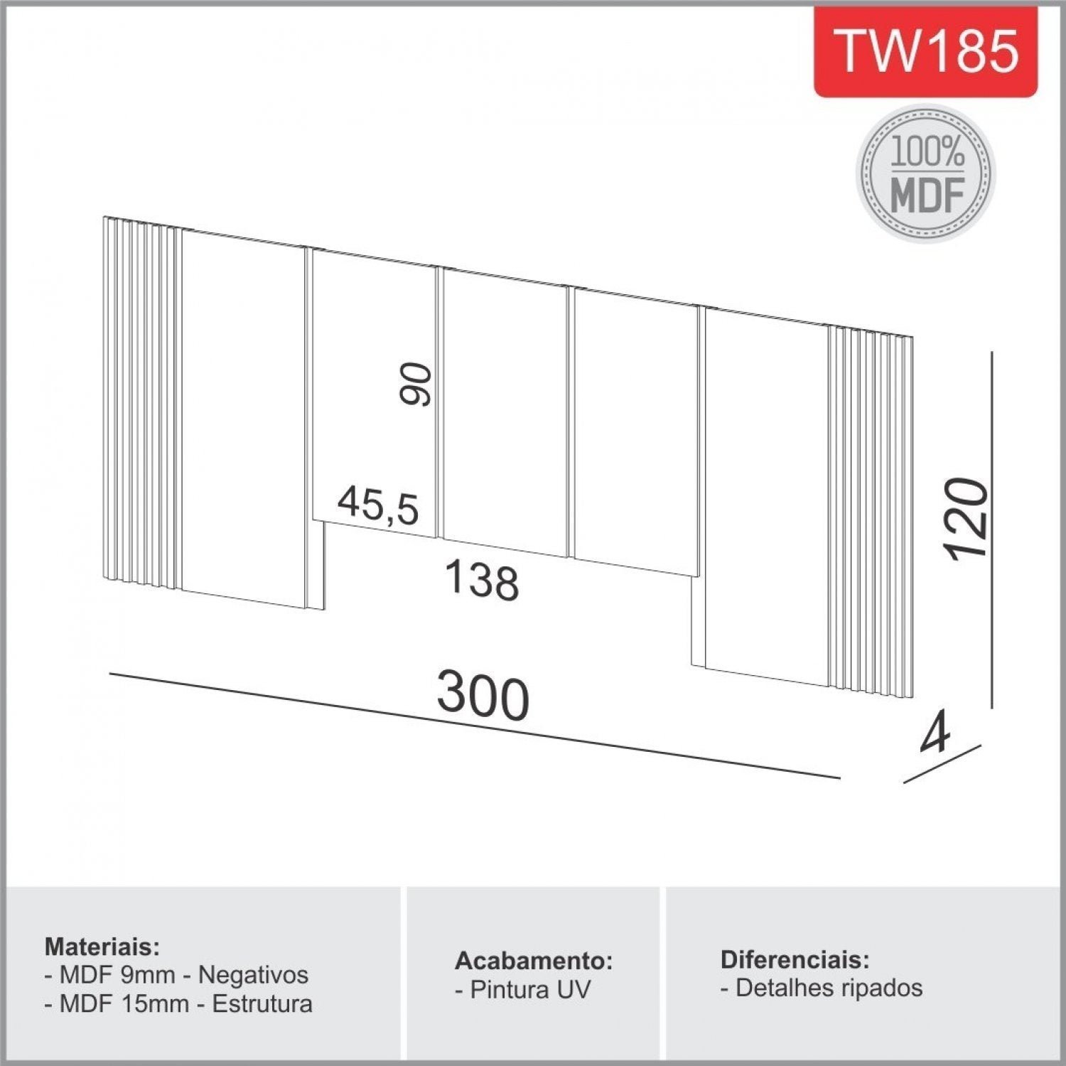 Cabeceira Casal Queen 300x120cm em MDF  - 3