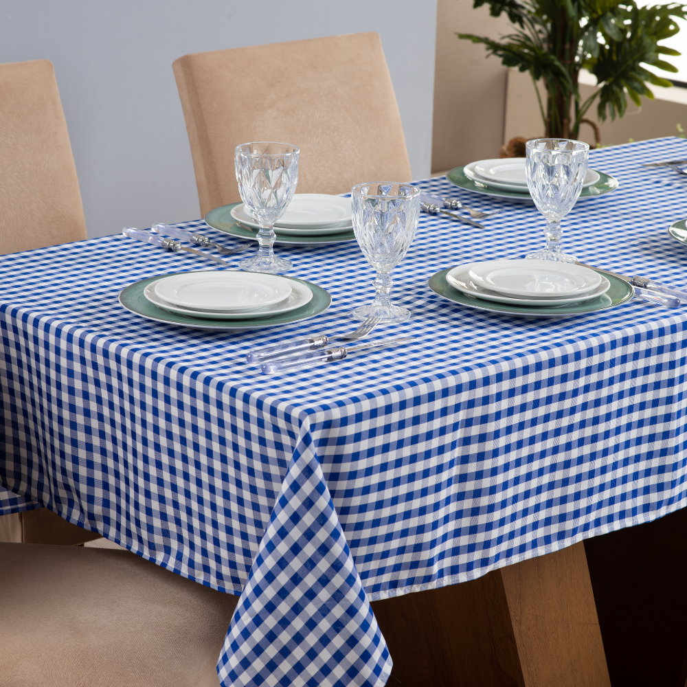 Toalha de Mesa 6 Lugares Tecido Oxford Estampado Xadrez Mesa de Jantar Cozinha 1 Peça Azul - 2