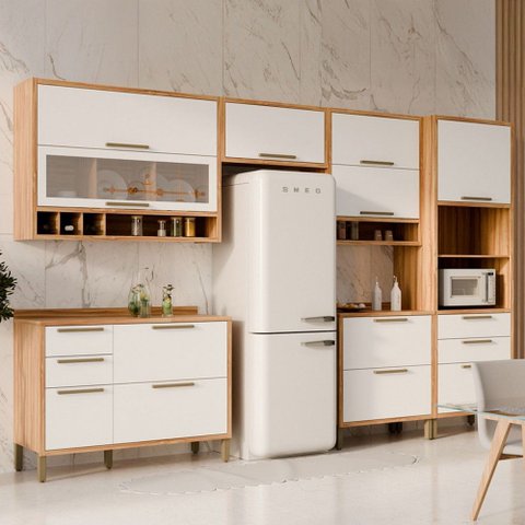 Armário de Cozinha com Balcão e Tampo 10 Portas 6 Gavetas Pérola 100% Mdf Vidro Reflecta Amêndoa/bra